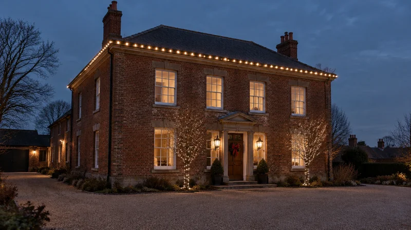 Warm white Christmas lights outline a red-brick home with a gravel forecourt.