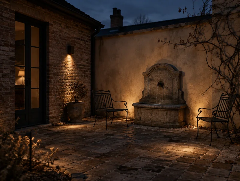 Soft wall lighting illuminates a weathered stone fountain and brick courtyard.