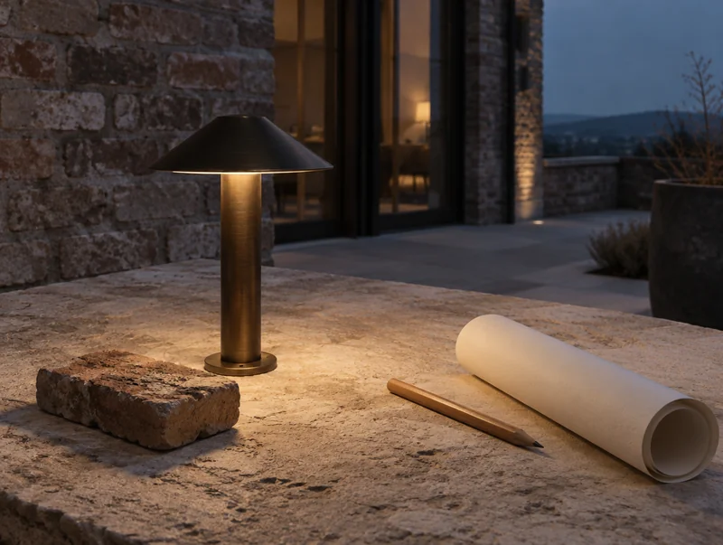 A bronze path light, brick sample, pencil and rolled paper on a stone surface.