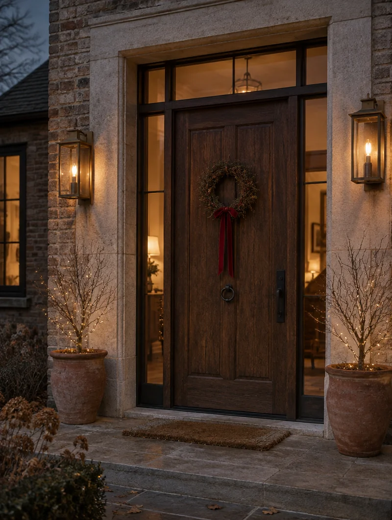 Bronze lanterns illuminate an oak doorway with a restrained seasonal ribbon.