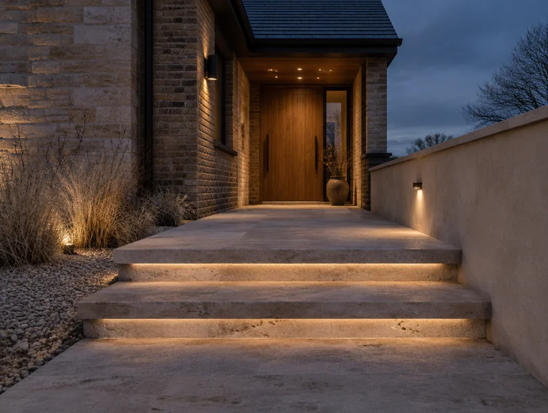 Discreet warm lighting beneath broad stone steps leading to a timber front door.