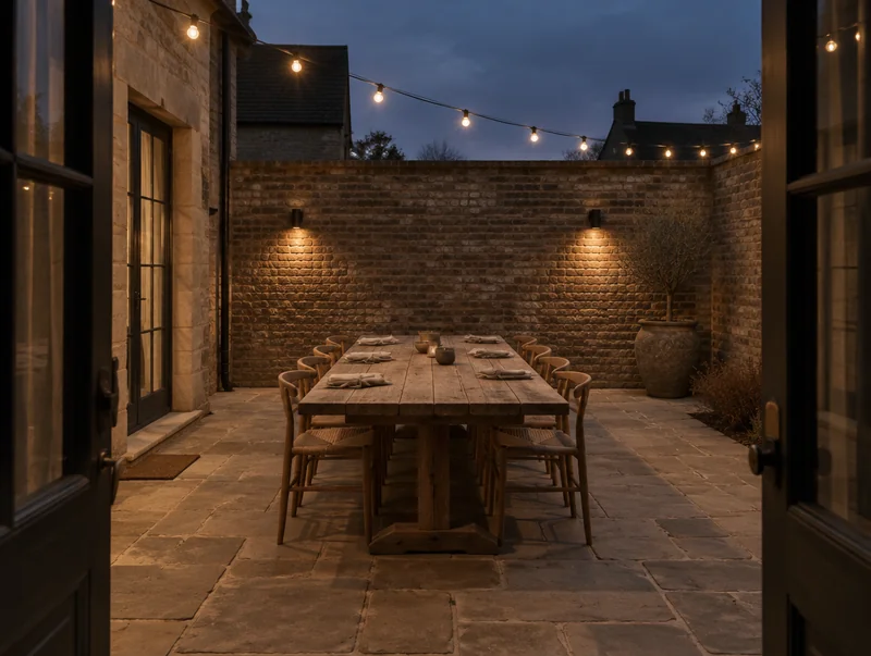 Bistro lights above a timber dining table in a quiet brick courtyard.