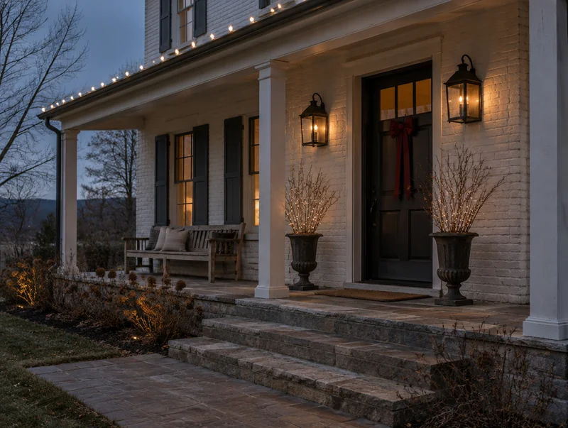 A painted brick porch with roofline lights, wall lanterns and lit bare branches.