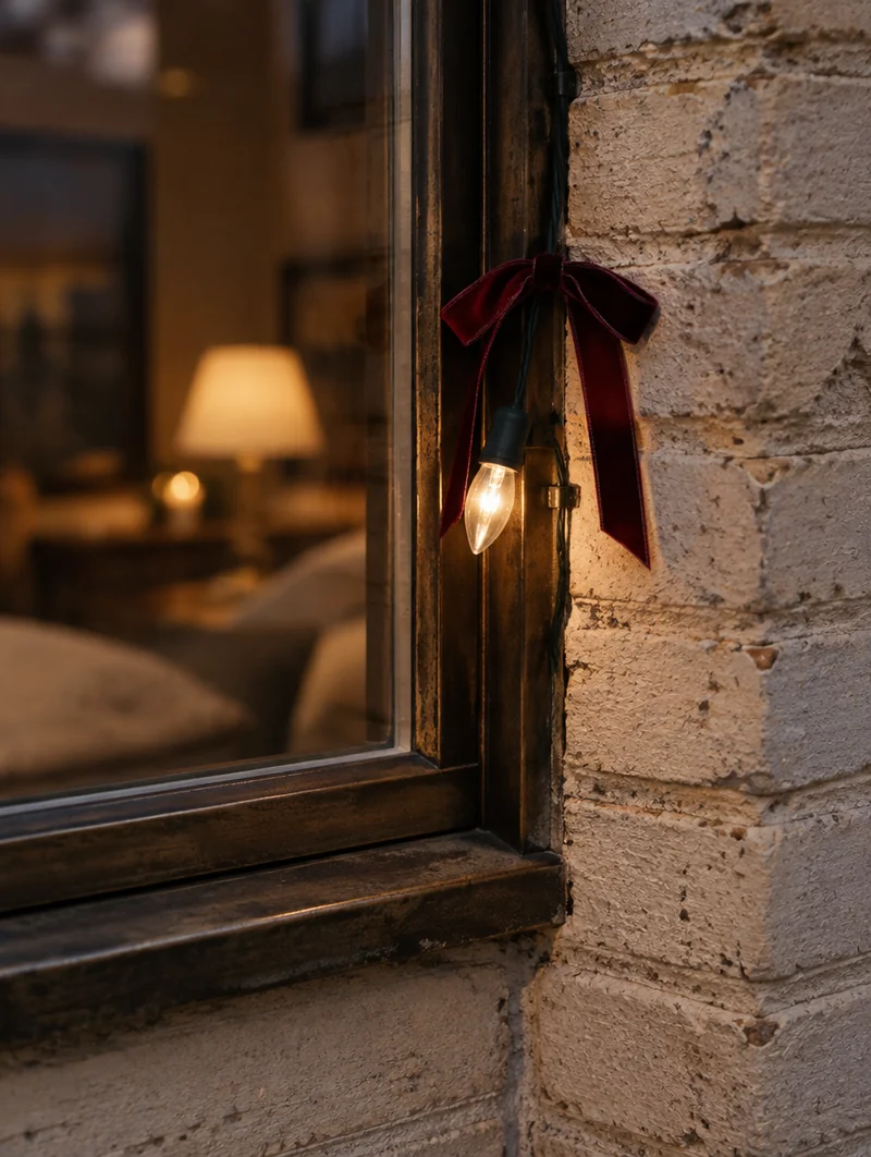 A warm holiday bulb and velvet ribbon against bronze window trim and textured brick.