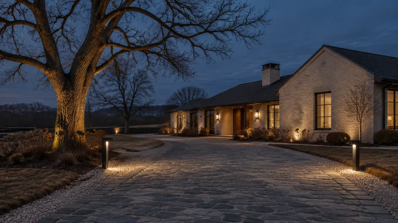 Low path lights lead past a bare oak to a cream brick house at dusk.