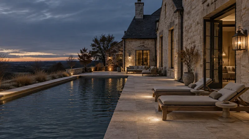 Warm terrace lighting reflects in a dark pool beside a stone home.
