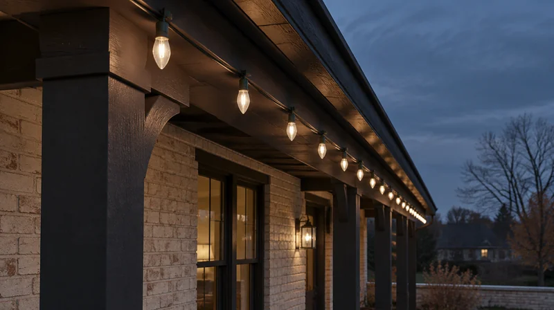 Warm white bulbs neatly follow the edge of a charcoal timber porch roof.